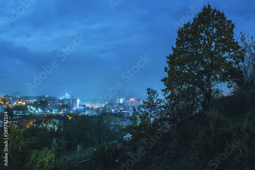 View from hill, Truskavets, Ukraine. Night city landscape.