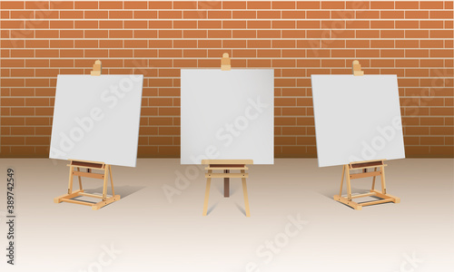 Easel with an empty canvas on a background of a brick wall. Three positions: left, center, right to place ads or images. Isolated vector illustration.