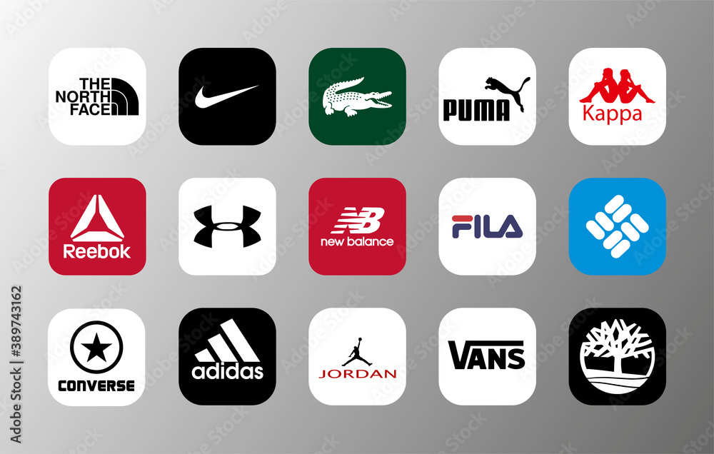 The most popular brands of sportswear and sneakers and other shoes,  presented in 15 logos - Nike, reebok, adidas, under armour, puma, lacoste,  new balance, fila, converse, vans, jordan and other. Stock