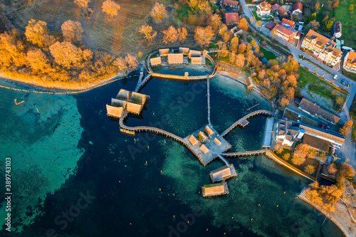 Drone flight over Uhldingen, Lake Constance to take a nice shot from the Pfahlbauten photo