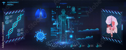 Futuristic examination of the human body with a HUD interface. Modern healthcare Research of human health, polygonal hologram human body x-ray. GUI, UI, HUD for medicine app. Body scan. Vector