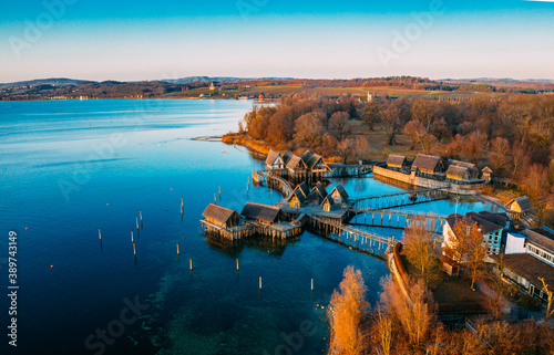 Tableau sur toile Drone flight over Uhldingen, Lake Constance to take a nice shot from the Pfahlba