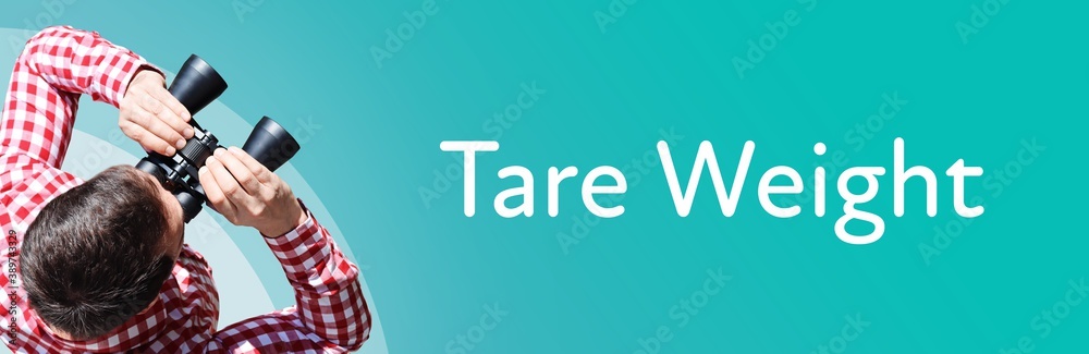 Fototapeta premium Tare Weight. Man observing with binoculars. Focus on text/word. Panorama format. Blue/turquoise background.