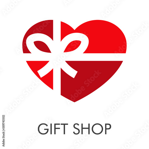 Logotipo con texto Gift Shop con corazón con forma de caja de regalo con nudo de lazo con cinta en color rojo