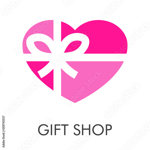 Logotipo con texto Gift Shop con corazón con forma de caja de regalo con nudo de lazo con cinta en color ross