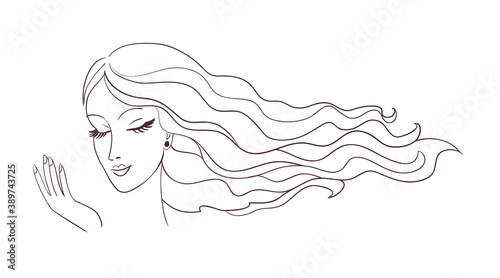 Woman profile with long hair. Portrait female beauty concept. Continuous line drawing vector illustration.