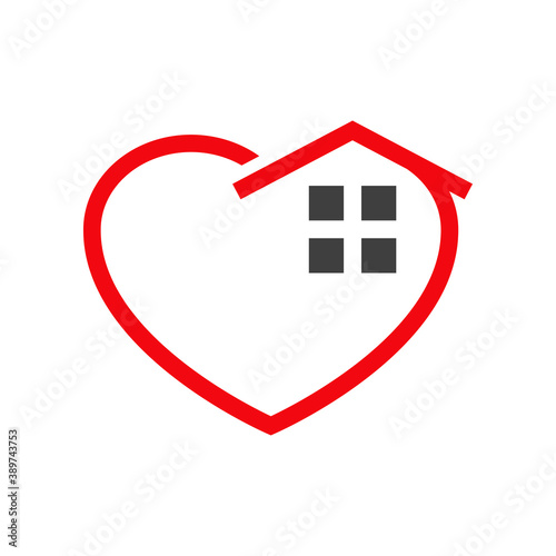 Símbolo agencia inmobiliaria. Icono plano lineal corazón con techo y ventanas como casa en color rojo