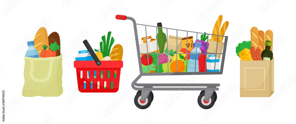 Fototapeta premium Grocery purchase vector set. Textile bag, shopping basket and trolley, paper package with products. Foods and drinks, vegetables and fruits. Supermarket illustration