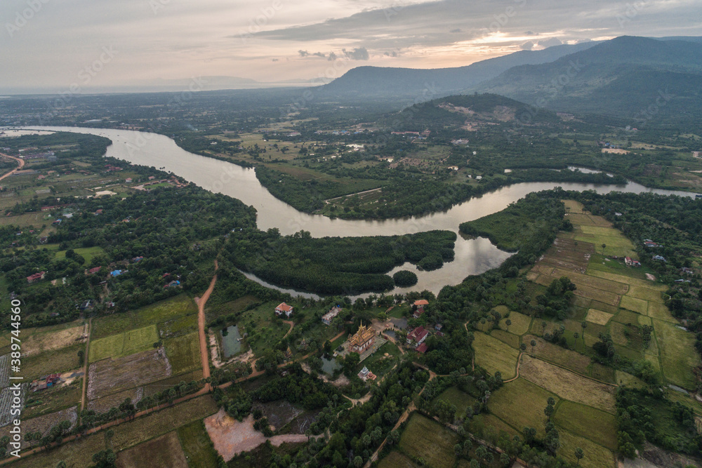 Krong Kampot landscape, Praek Tuek Chhu River, Elephant Mountains in Kampot Cambodia Asia Aerial Drone Photo