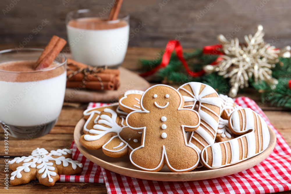 Delicious gingerbread Christmas cookies on table, closeup Delicious gingerbread Christmas cookies on table, closeup