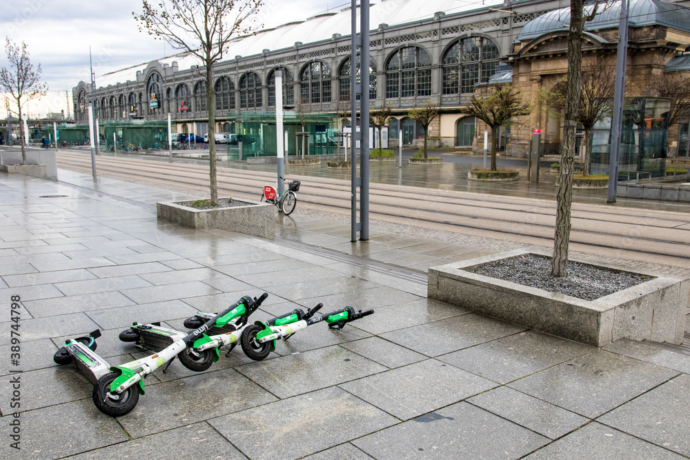 Dresden, Germany december 2019 Group of the Lime bikes/scooters