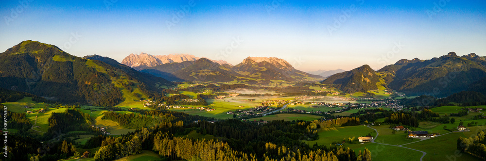 Drone shot over the mountains of Kaiserwinkel, Tyrol in Austria Drone shot over the mountains of Kaiserwinkel, Tyrol in Austria