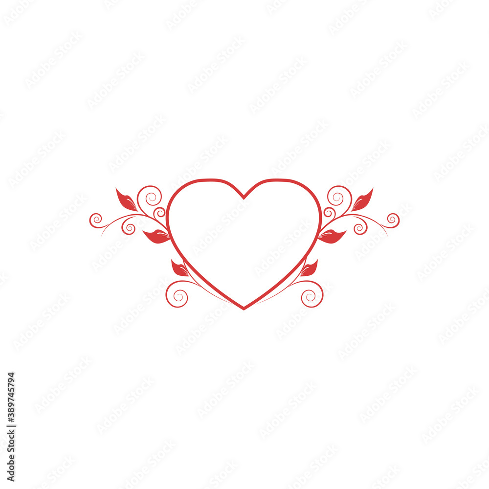 Red line heart with floral elements on white background stock vector