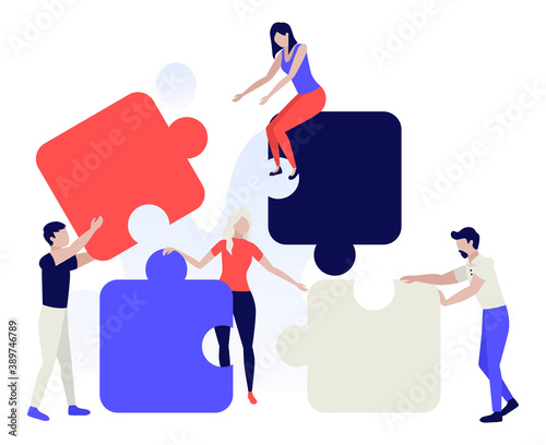 People connecting puzzles. Business people with puzzle pieces working together. Teamwork concept, cooperation, partnership. Human characters on white background. Color vector illustration