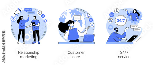 Customer loyalty abstract concept vector illustration set. Relationship marketing, customer care, 24 for 7 service, social media, online tech support, emergency line schedule abstract metaphor.