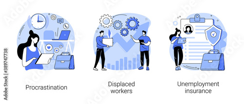 Business termination abstract concept vector illustration set. Procrastination, displaced workers, unemployment insurance, professional burnout, lost job position, claim form abstract metaphor.