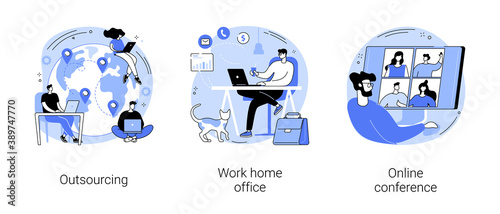 Distance working abstract concept vector illustration set. Outsourcing, work home office, online conference, freelance job, team digital meeting, IT business, internet platform abstract metaphor.