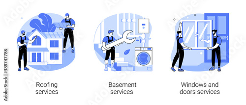 House maintenance abstract concept vector illustration set. Roofing and basement services, windows and doors replacement and installation, broken glass, fly screen, hire contractor abstract metaphor.
