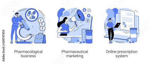 Drugs and medication industry abstract concept vector illustration set. Pharmacological business, pharmaceutical marketing, online prescription system, pharmacy network, drugstore abstract metaphor.