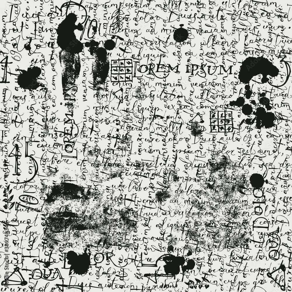 Fototapeta premium Abstract seamless pattern with black handwritten illegible text Lorem Ipsum, blots and fingerprints on the old paper backdrop. Vintage vector repeating background, wallpaper, wrapping paper, fabric