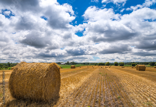 A round bale of hay sits in a harvested field under a cloud filled blue sky.