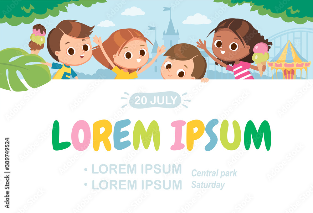 Kids walking in park, woods, forest. Children on outdoor adventure, travel activity, scouting hiking, recreation tourism Kids walking in park, woods, forest. Children on outdoor adventure, travel activity, scouting hiking, recreation tourism