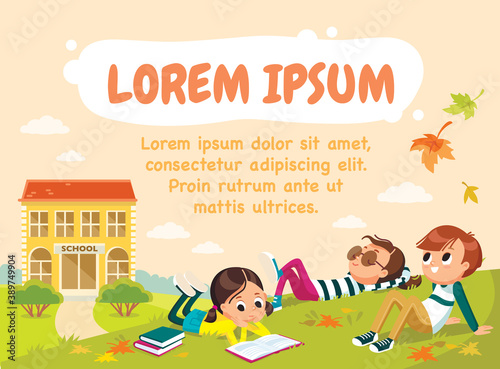 School template. Pupils on outdoor break. Children having rest lying on green meadow in the grass with school building on background. School. Autumn, fall, childhood, friends. Lying on grass.