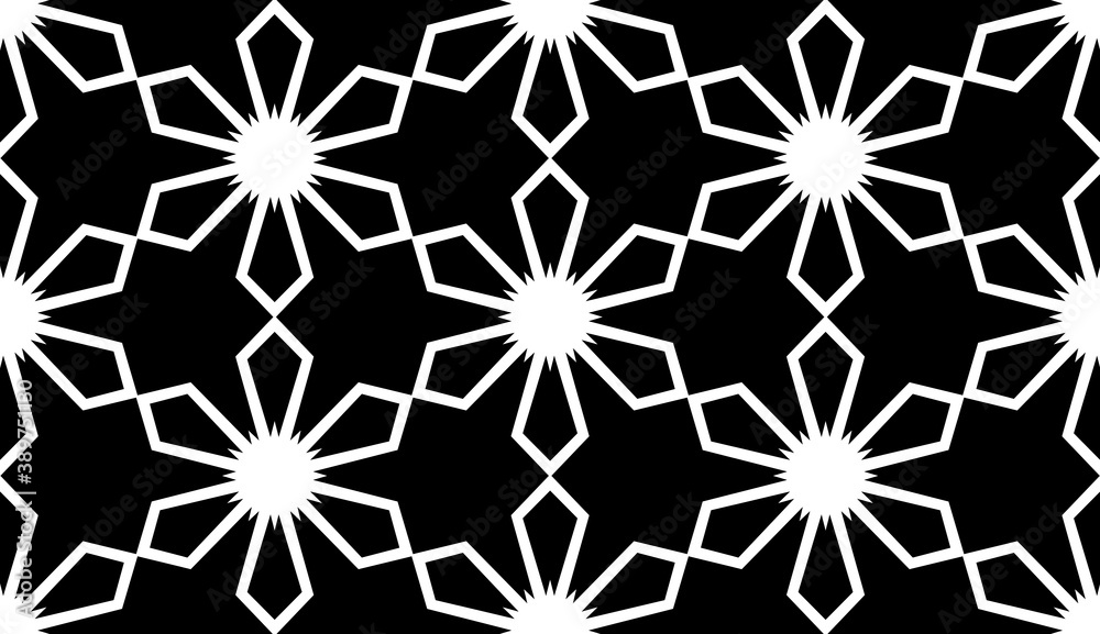 Black, white pattern, geometric wallpaper , seamless texture with flat floral ornament, decorative illustration with simple elemets Black, white pattern, geometric wallpaper , seamless texture with flat floral ornament, decorative illustration with simple elemets