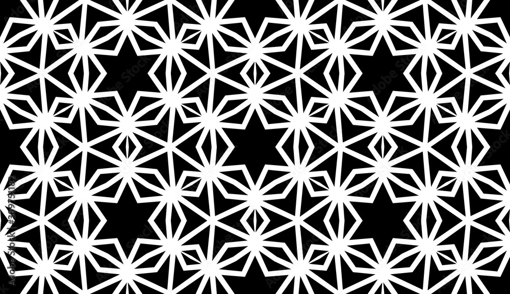 Black, white pattern, geometric wallpaper , seamless texture with flat floral ornament, decorative illustration with simple elemets