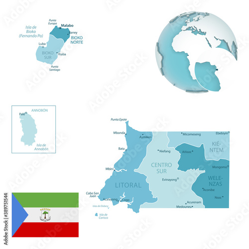 Equatorial Guinea administrative blue-green map with country flag and location on a globe.