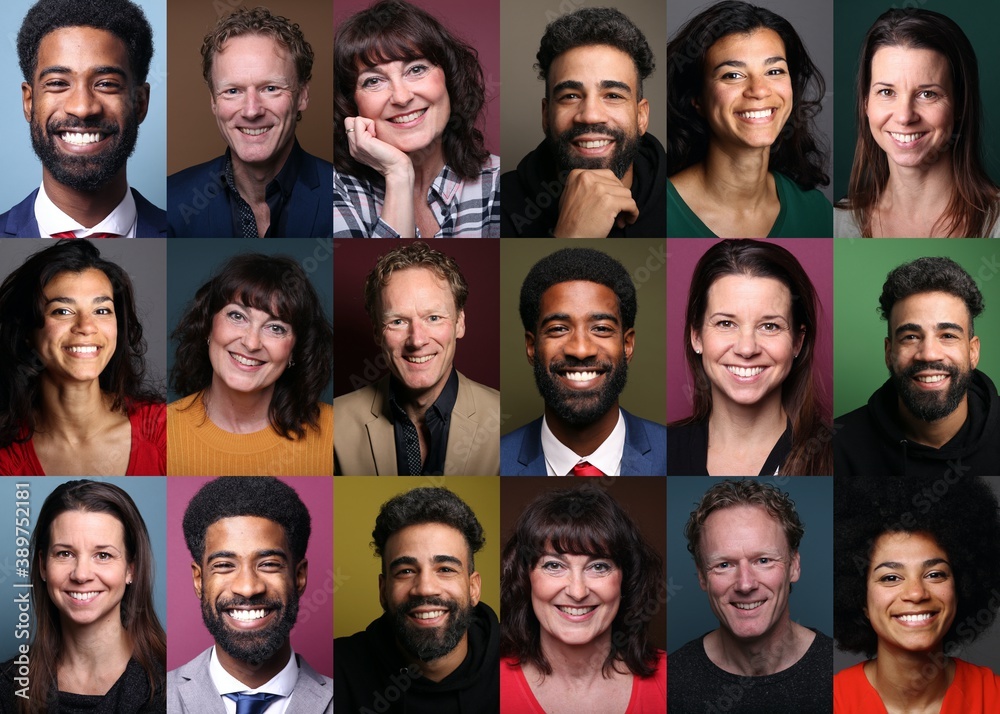 Group of people in front of a colored background