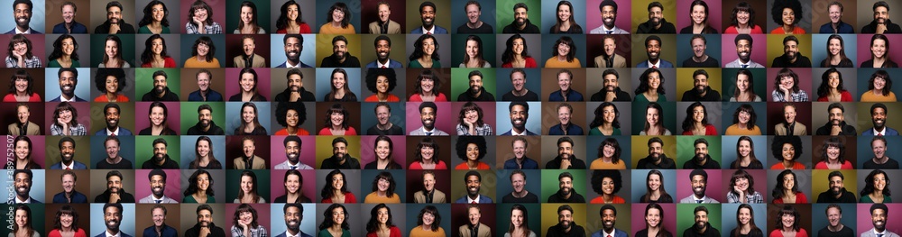 Group of people in front of a colored background Group of people in front of a colored background
