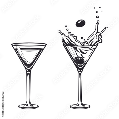 Cocktails set engraving vector illustration. Isolated black and white vintage style drinks set. 