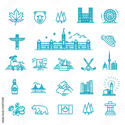 Travel Canada traditional objects. Vector icons #389753118