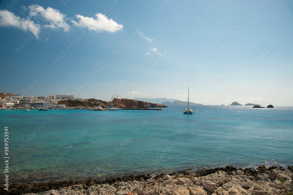 View over Karavostasis bay and sailboats at Folegandros island, Greece