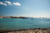 View over Karavostasis bay and sailboats at Folegandros island, Greece