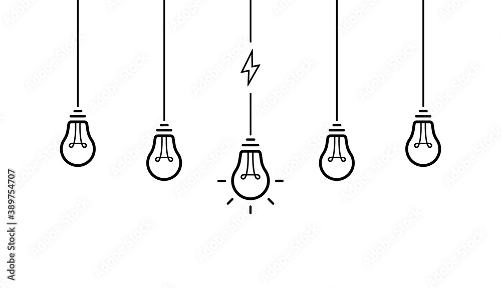 Creative idea. Set of hanging from above light bulbs. Light bulb with cable and lightning bolt. Vector illlustration Creative idea. Set of hanging from above light bulbs. Light bulb with cable and lightning bolt. Vector illlustration