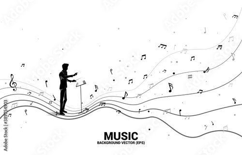 Vector silhouette of conductor with dancing flow shape music note . Concept background music for kid and children.