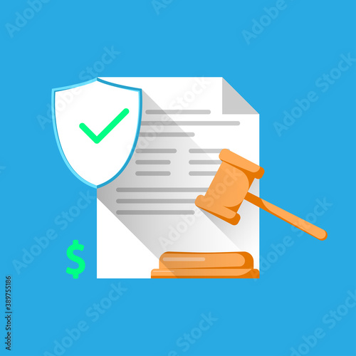 licensing document paper or financial forfeit, surcharge with gavel and hammer judge concept illustration flat design icon, sign, infographic, graphic element. vector eps10