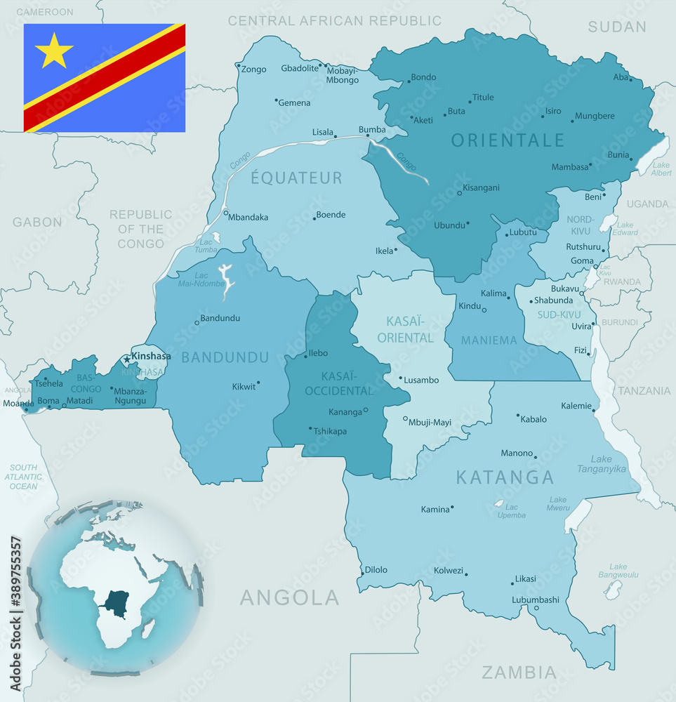 Obraz premium Blue-green detailed map of Democratic Republic of the Congo administrative divisions with country flag and location on the globe.