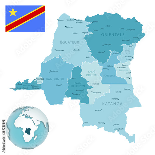Democratic Republic of the Congo administrative blue-green map with country flag and location on a globe.
