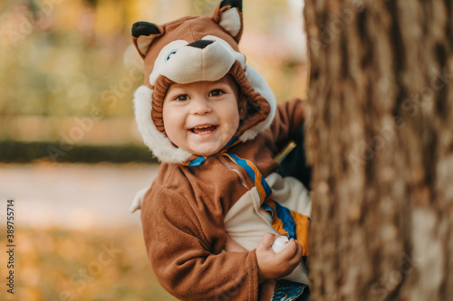 Fotografija Cute baby boy dressed in fox costume in autumn park