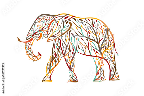 Elephant shape made from tree leaves. Save the earth. Vector design