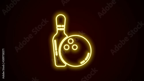 Glowing neon line Bowling pin and ball icon isolated on black background. Sport equipment. 4K Video motion graphic animation