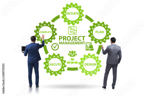 Project management concept in stages with businessman