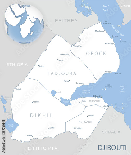 Blue-gray detailed map of Djibouti administrative divisions and location on the globe. photo