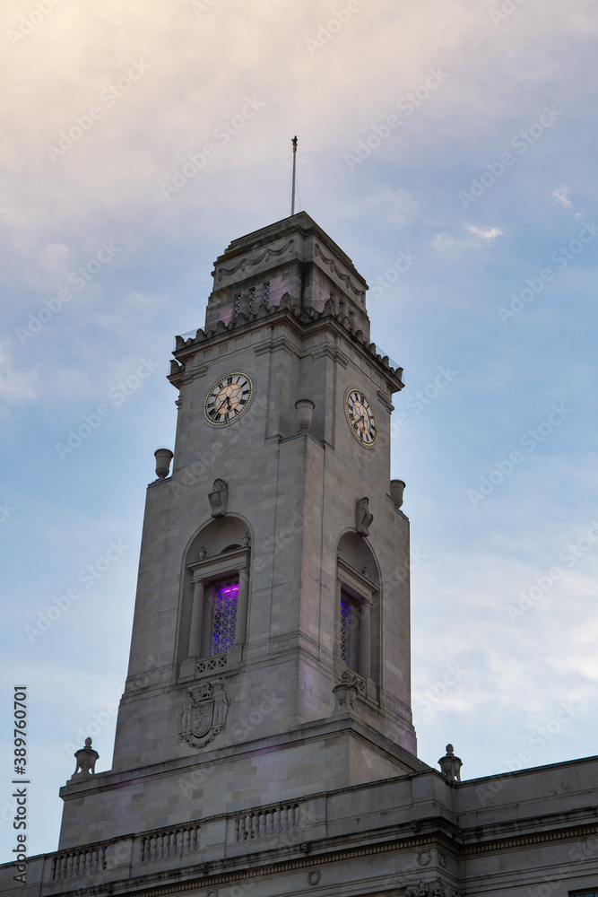 Tower of Barnsley Town Hall. The city hall is the seat of the local government in the Metropolitan Borough of Barnsley, South Yorkshire, England.