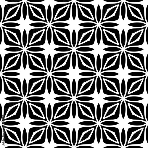 Black, white floral pattern, geometric wallpaper , seamless texture with flat ornament, decorative illustration with simple elemets