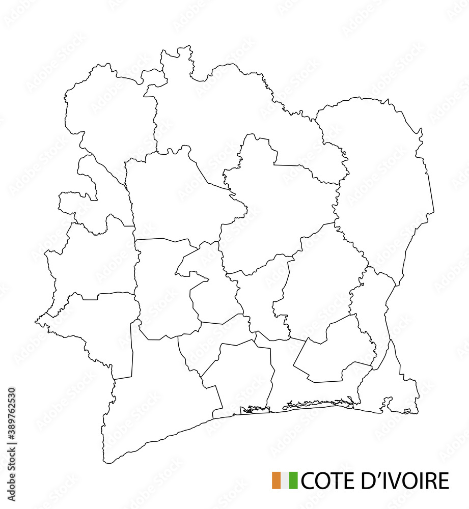 Cote d'Ivoire map, black and white detailed outline regions of the country.
