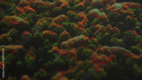 Abstract green point wave. Moss loft design. Trees on a dark background .Autumn forest from above. 3d illustration